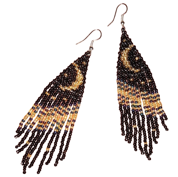 Night Sky Black Gold Crescent Moon and Stars Seed Beaded Earrings Long Celestial - Picture 2 of 7